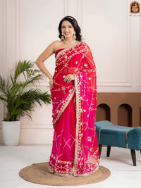 Raspberry Pink Fancy Hand Die Chiffon Saree with Hand Gota Patti - Shri SKA Sons