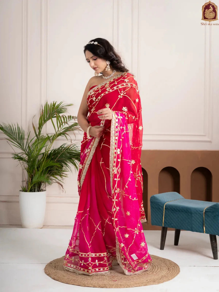 Raspberry Pink Fancy Hand Die Chiffon Saree with Hand Gota Patti - Shri SKA Sons