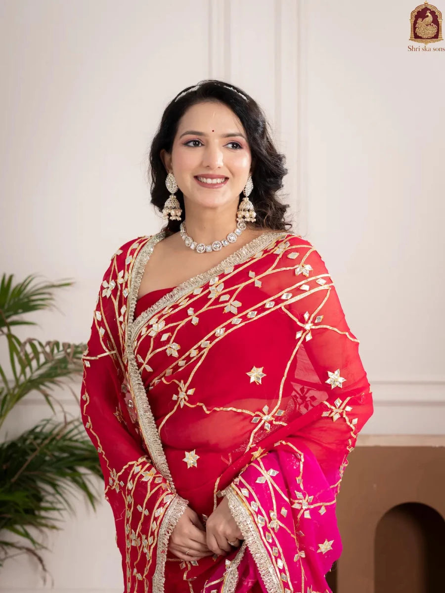 Raspberry Pink Fancy Hand Die Chiffon Saree with Hand Gota Patti - Shri SKA Sons
