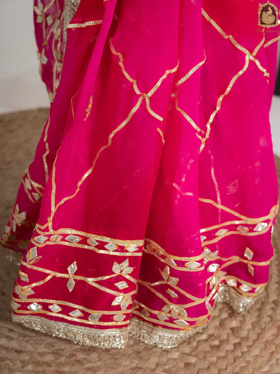 Raspberry Pink Fancy Hand Die Chiffon Saree with Hand Gota Patti - Shri SKA Sons