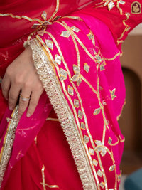 Raspberry Pink Fancy Hand Die Chiffon Saree with Hand Gota Patti - Shri SKA Sons