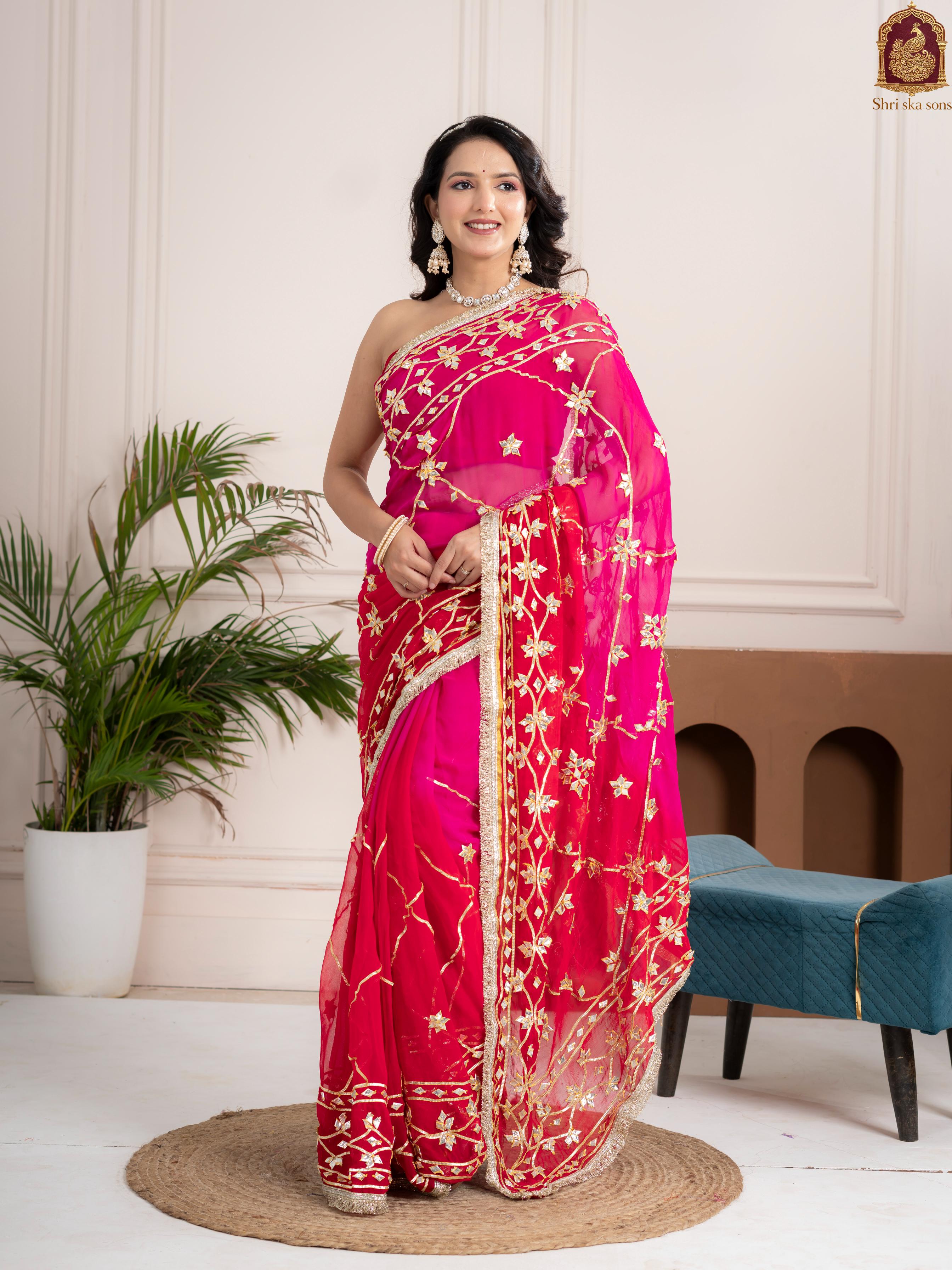 Raspberry Pink Fancy Hand Die Chiffon Saree with Hand Gota Patti