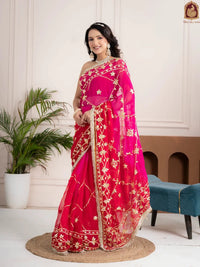 Raspberry Pink Fancy Hand Die Chiffon Saree with Hand Gota Patti - Shri SKA Sons