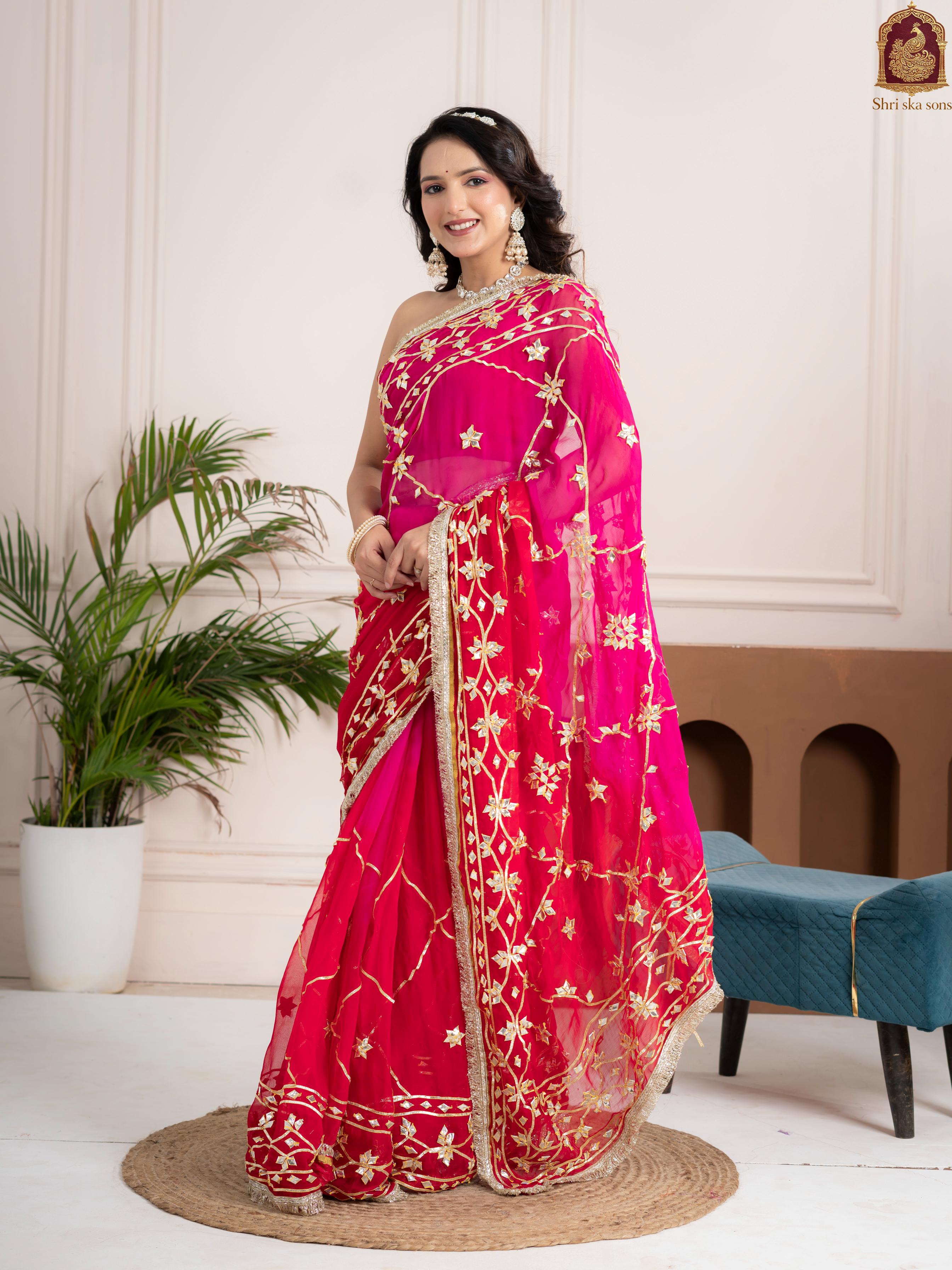 Raspberry Pink Fancy Hand Die Chiffon Saree with Hand Gota Patti