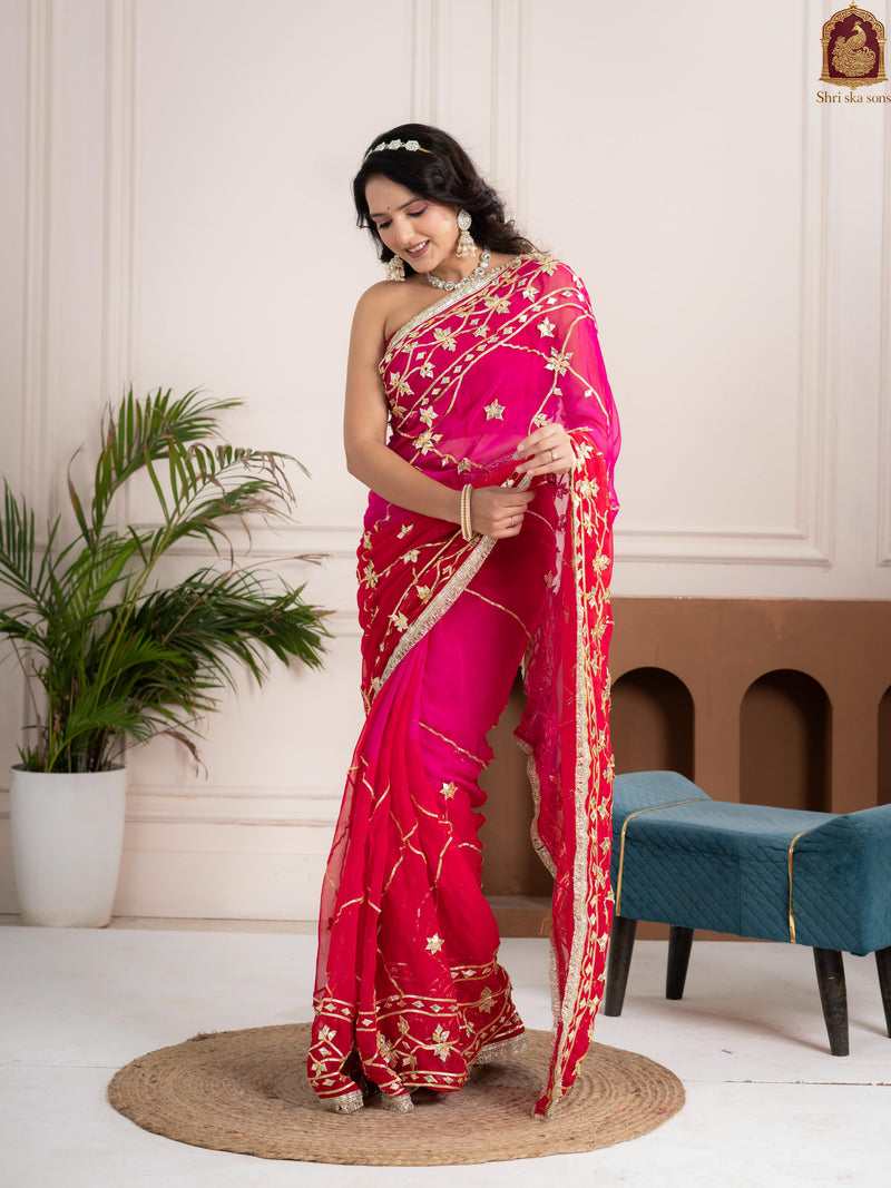 Raspberry Pink Fancy Hand Die Chiffon Saree with Hand Gota Patti