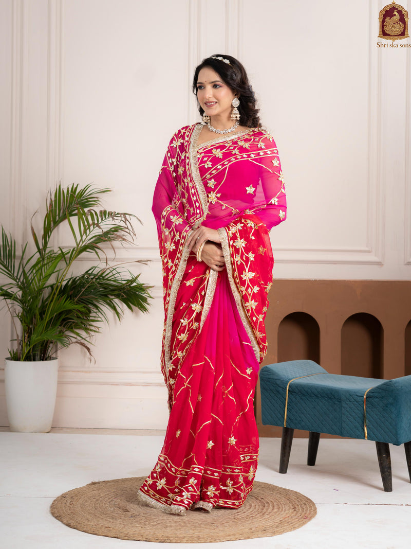 Raspberry Pink Fancy Hand Die Chiffon Saree with Hand Gota Patti