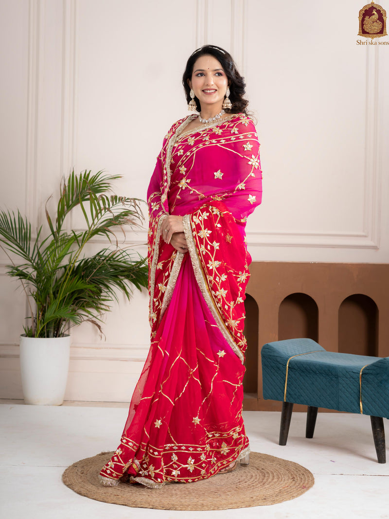 Raspberry Pink Fancy Hand Die Chiffon Saree with Hand Gota Patti