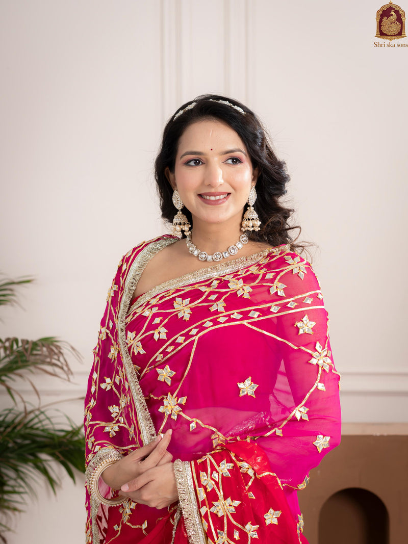 Raspberry Pink Fancy Hand Die Chiffon Saree with Hand Gota Patti