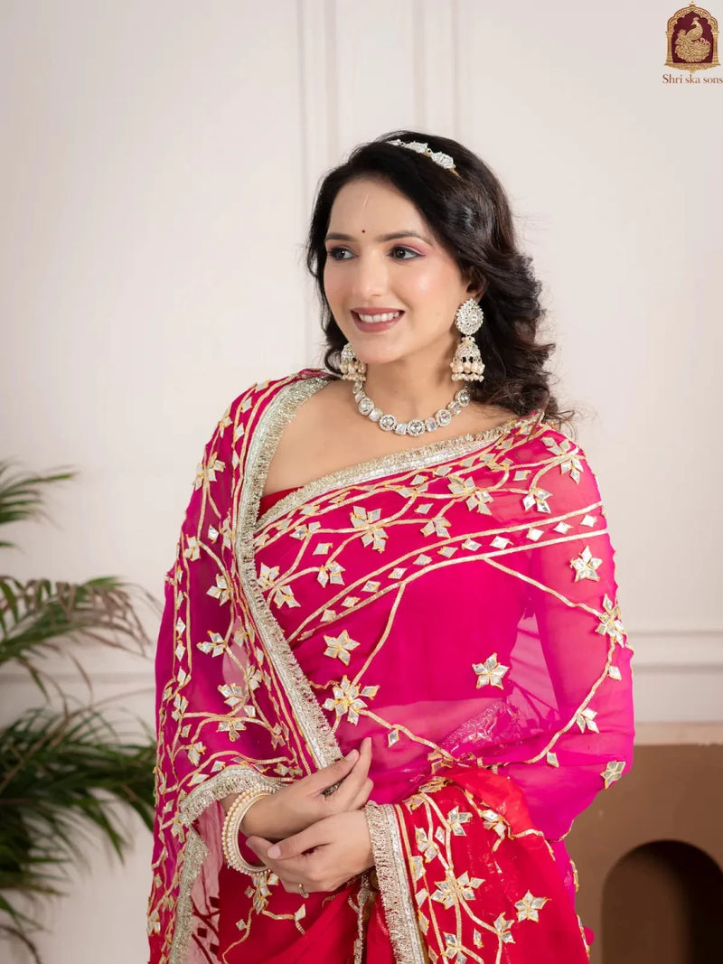 Raspberry Pink Fancy Hand Die Chiffon Saree with Hand Gota Patti - Shri SKA Sons