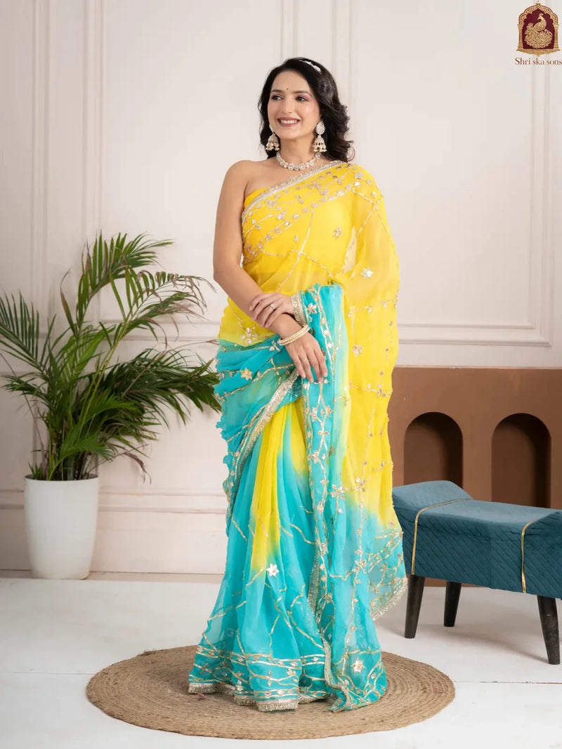 Ocean Lemon Fancy Hand Die Chiffon Saree with Hand Gota Patti - Shri SKA Sons