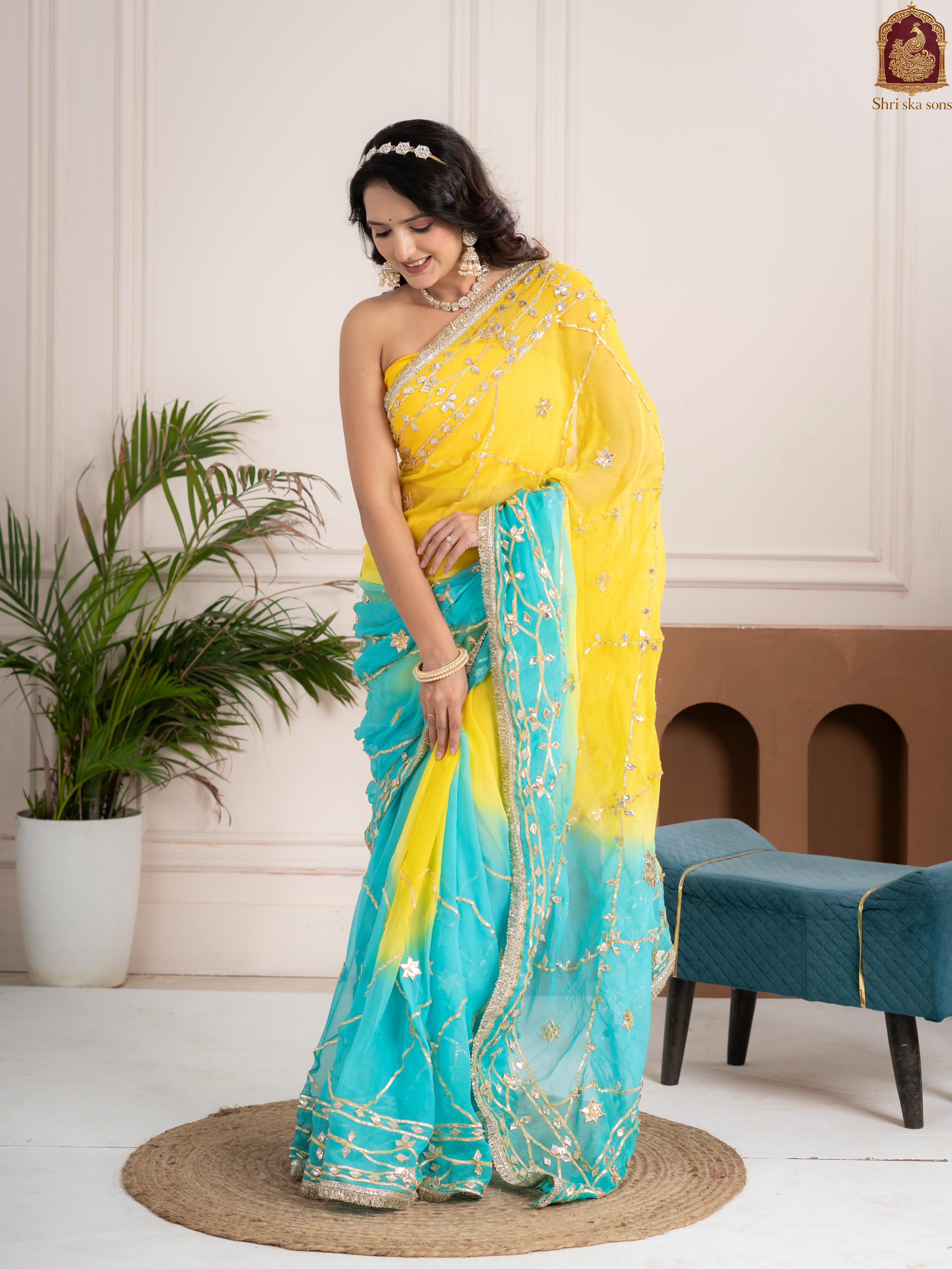 Ocean Lemon Fancy Hand Die Chiffon Saree with Hand Gota Patti