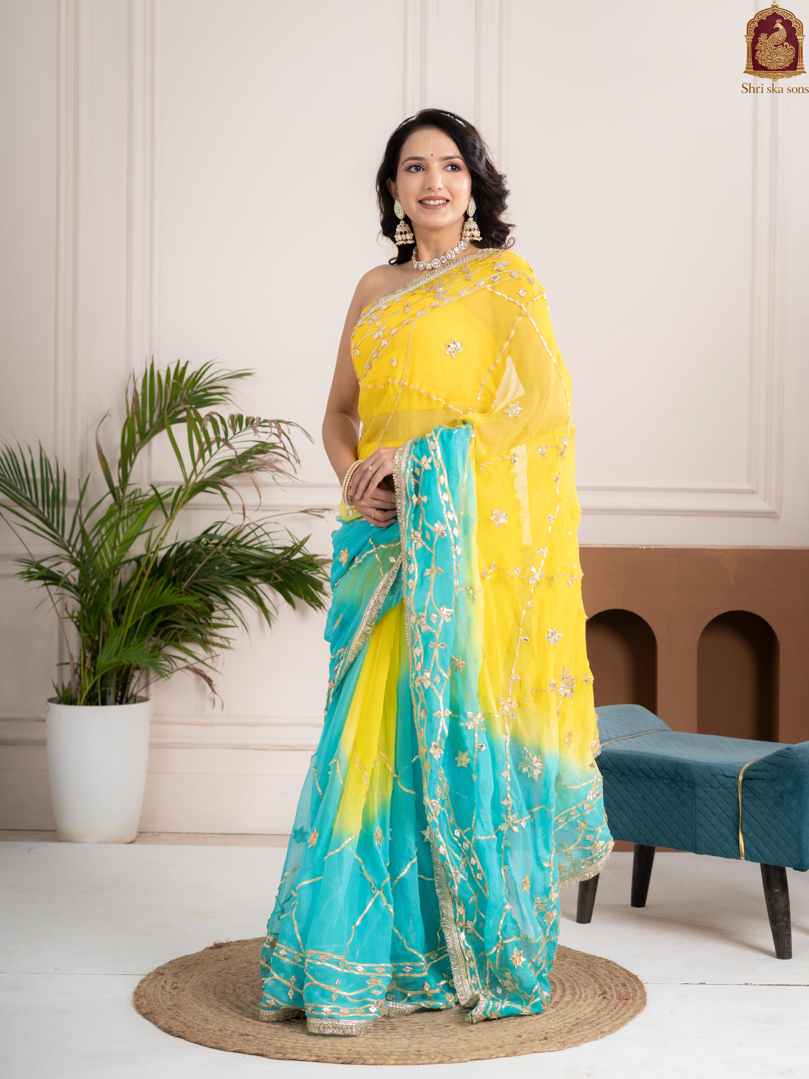 Ocean Lemon Fancy Hand Die Chiffon Saree with Hand Gota Patti