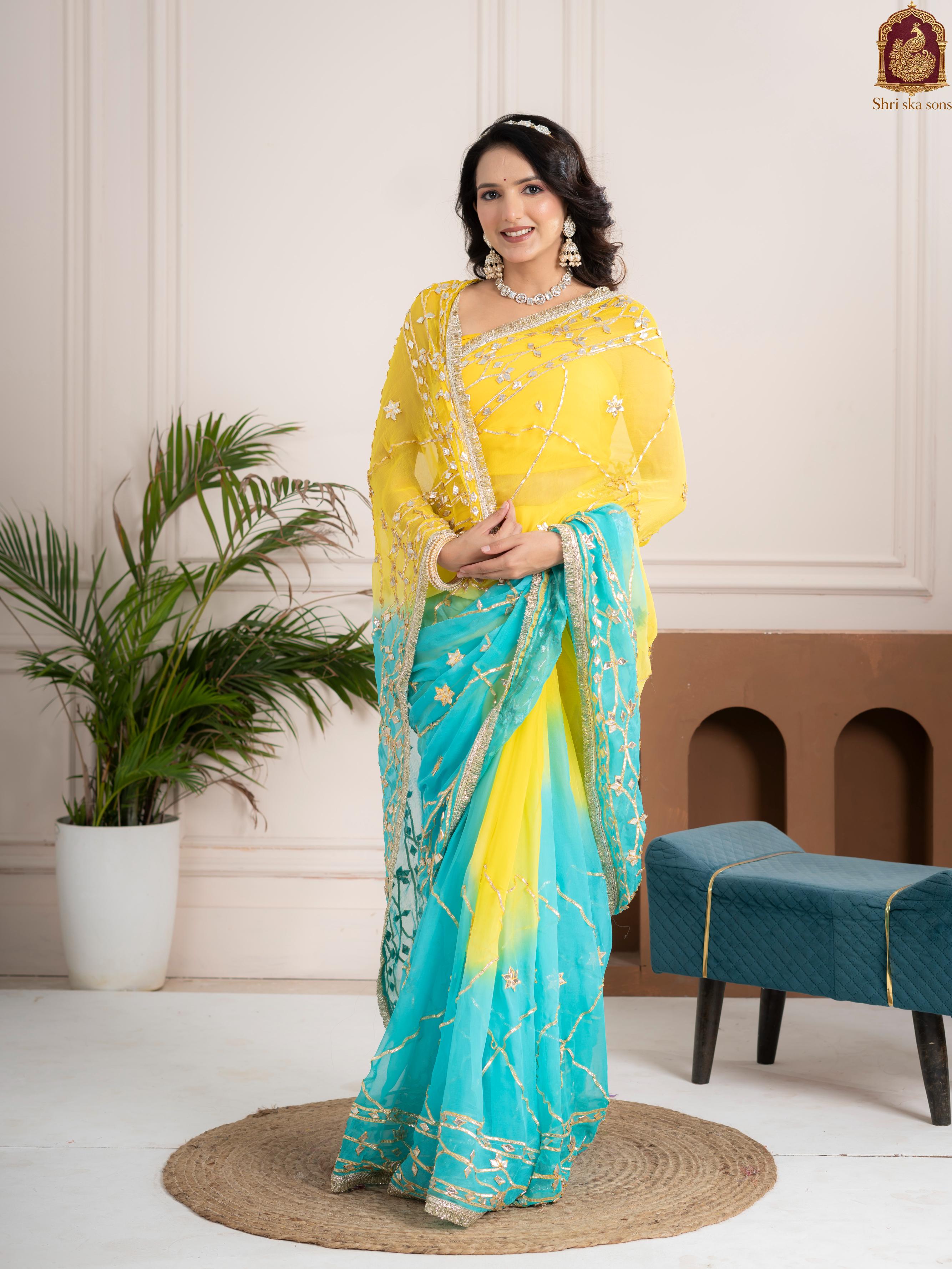 Ocean Lemon Fancy Hand Die Chiffon Saree with Hand Gota Patti