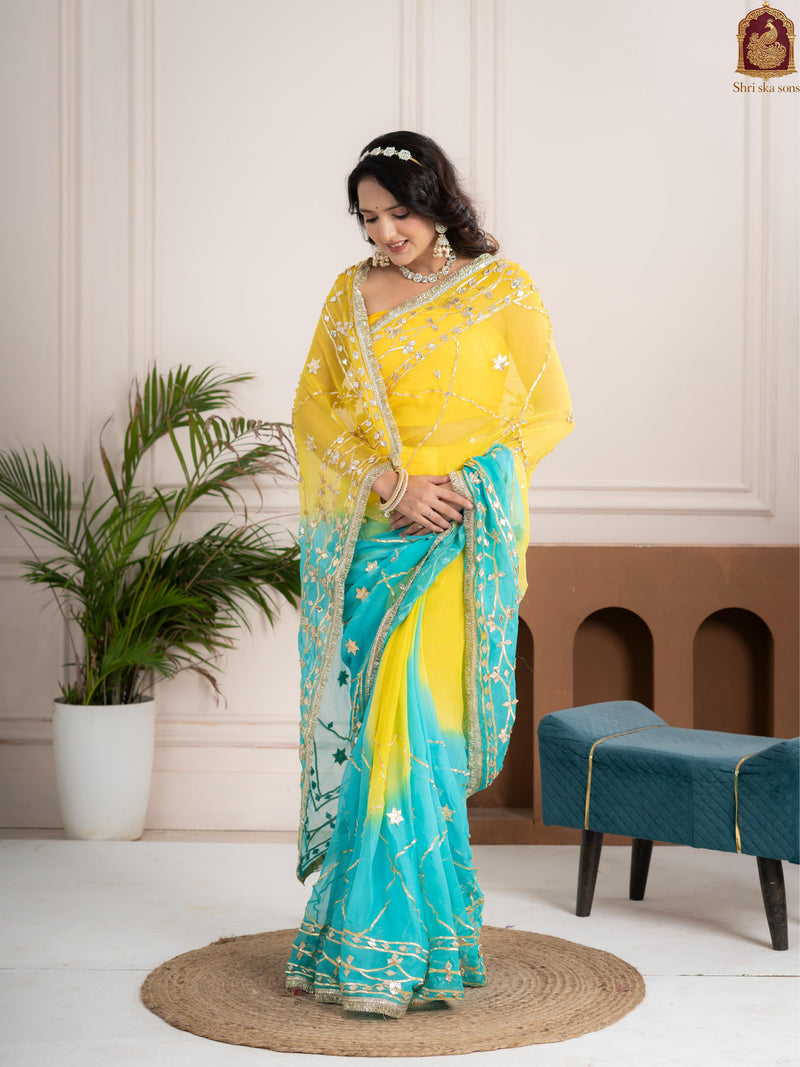 Ocean Lemon Fancy Hand Die Chiffon Saree with Hand Gota Patti