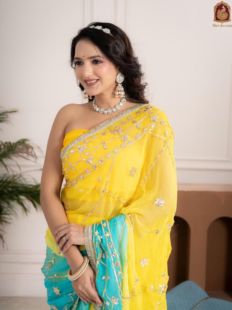 Ocean Lemon Fancy Hand Die Chiffon Saree with Hand Gota Patti