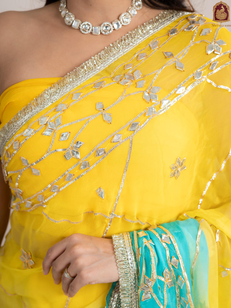 Ocean Lemon Fancy Hand Die Chiffon Saree with Hand Gota Patti