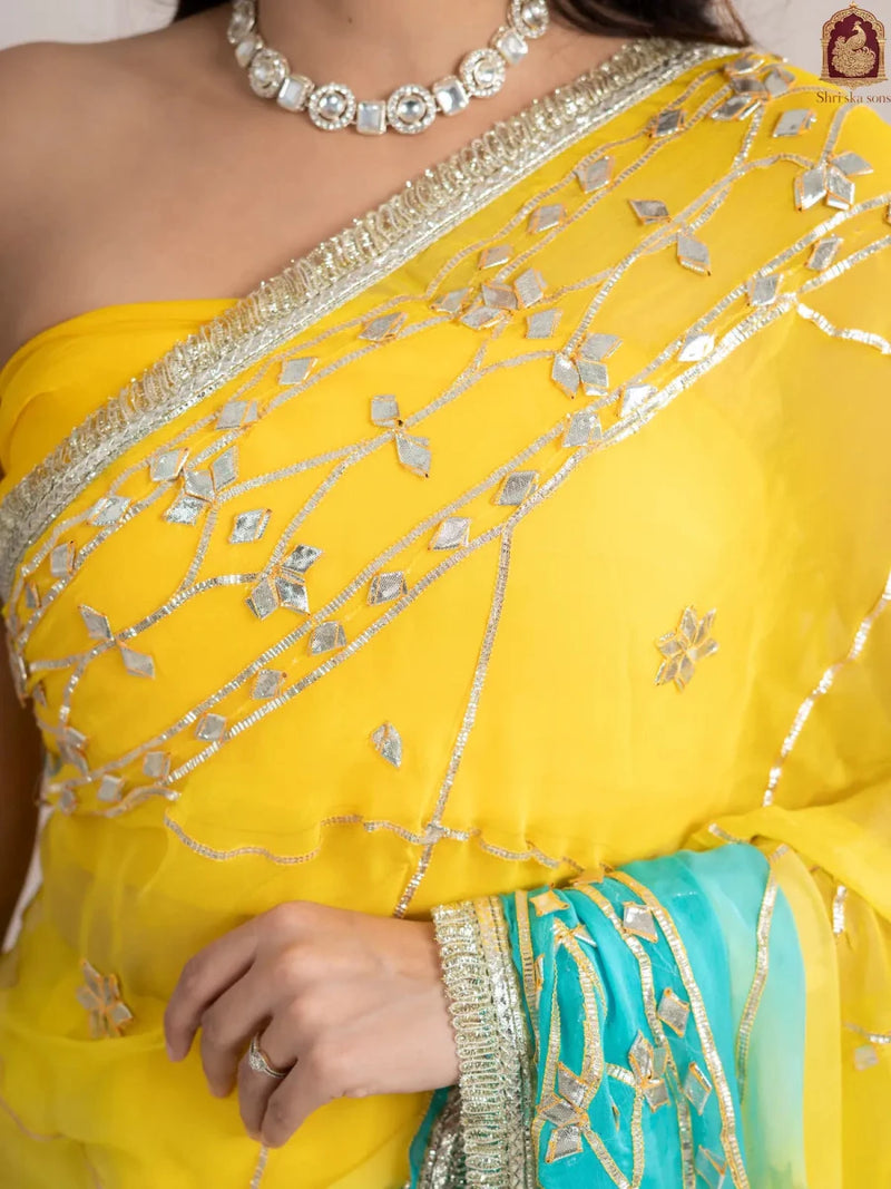 Ocean Lemon Fancy Hand Die Chiffon Saree with Hand Gota Patti - Shri SKA Sons