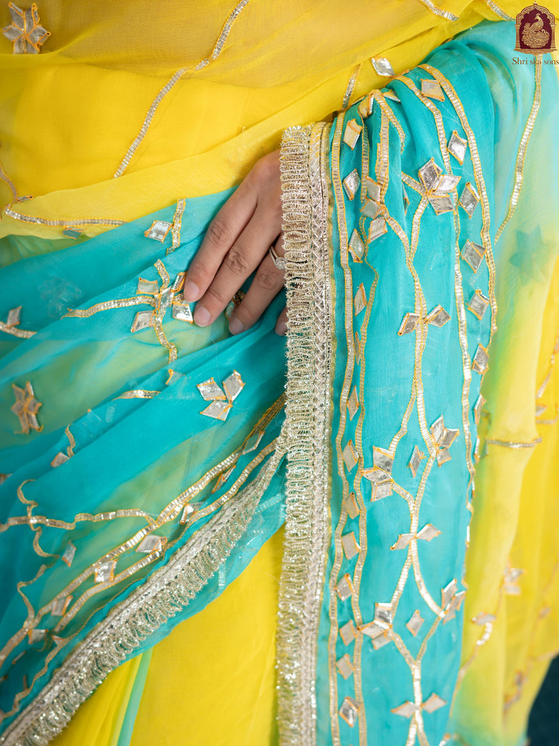 Ocean Lemon Fancy Hand Die Chiffon Saree with Hand Gota Patti