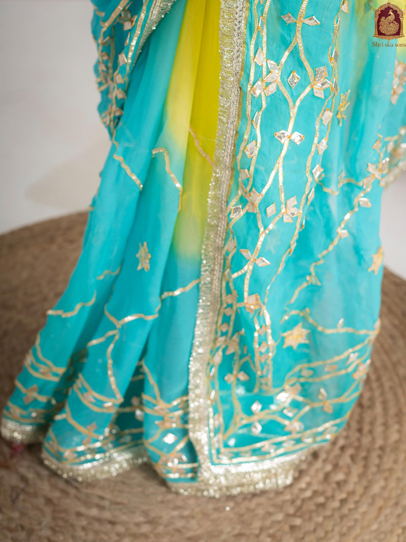 Ocean Lemon Fancy Hand Die Chiffon Saree with Hand Gota Patti