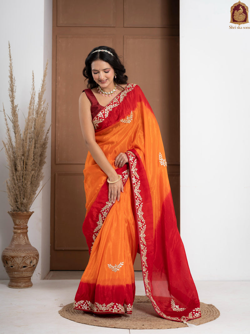 Traditional Rosso Corsa Occasional Sun Die Silk Saree with Zardozi Work