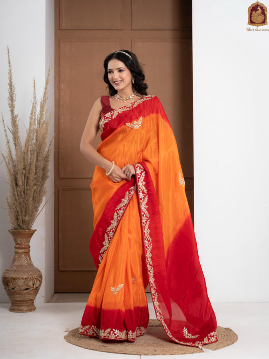 Traditional Rosso Corsa Occasional Sun Die Silk Saree with Zardozi Work