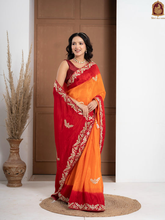 Traditional Rosso Corsa Occasional Sun Die Silk Saree with Zardozi Work
