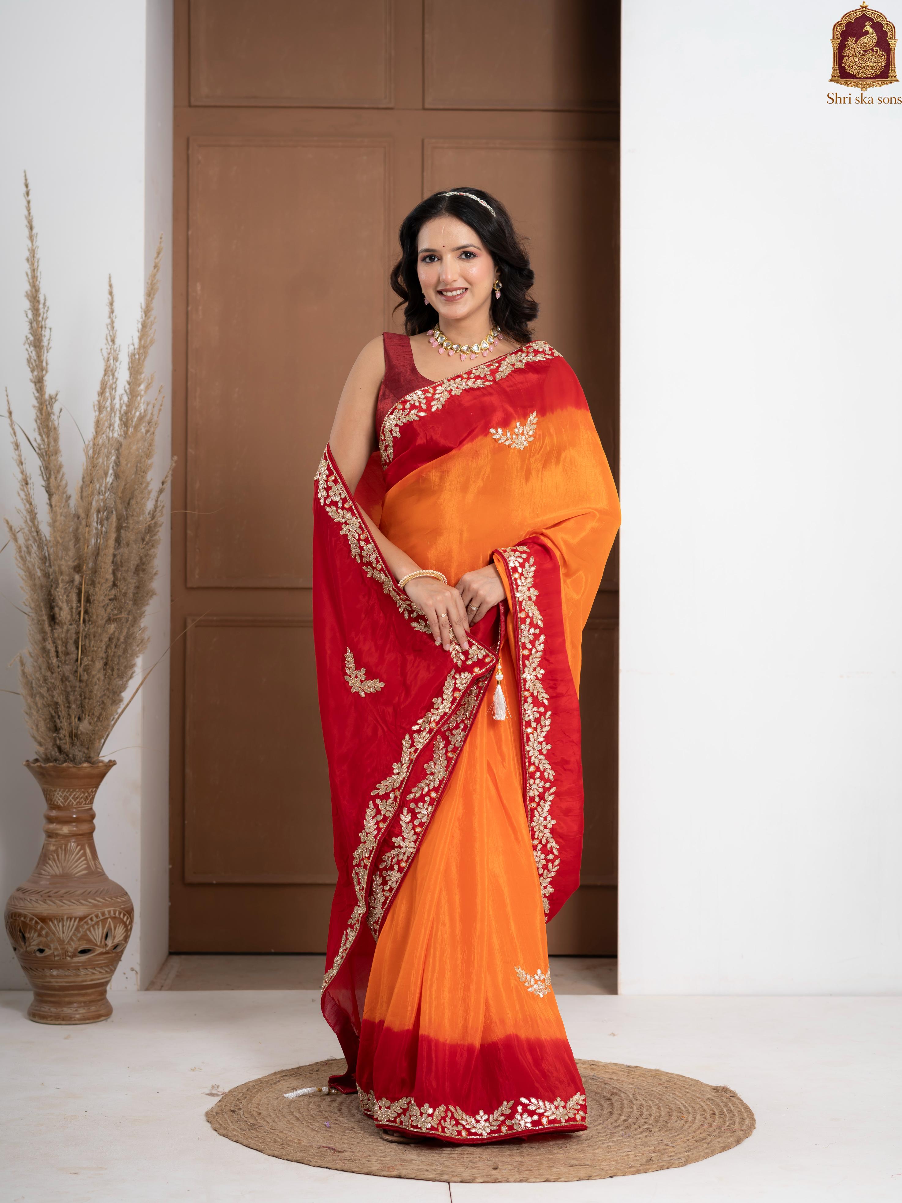 Traditional Rosso Corsa Occasional Sun Die Silk Saree with Zardozi Work
