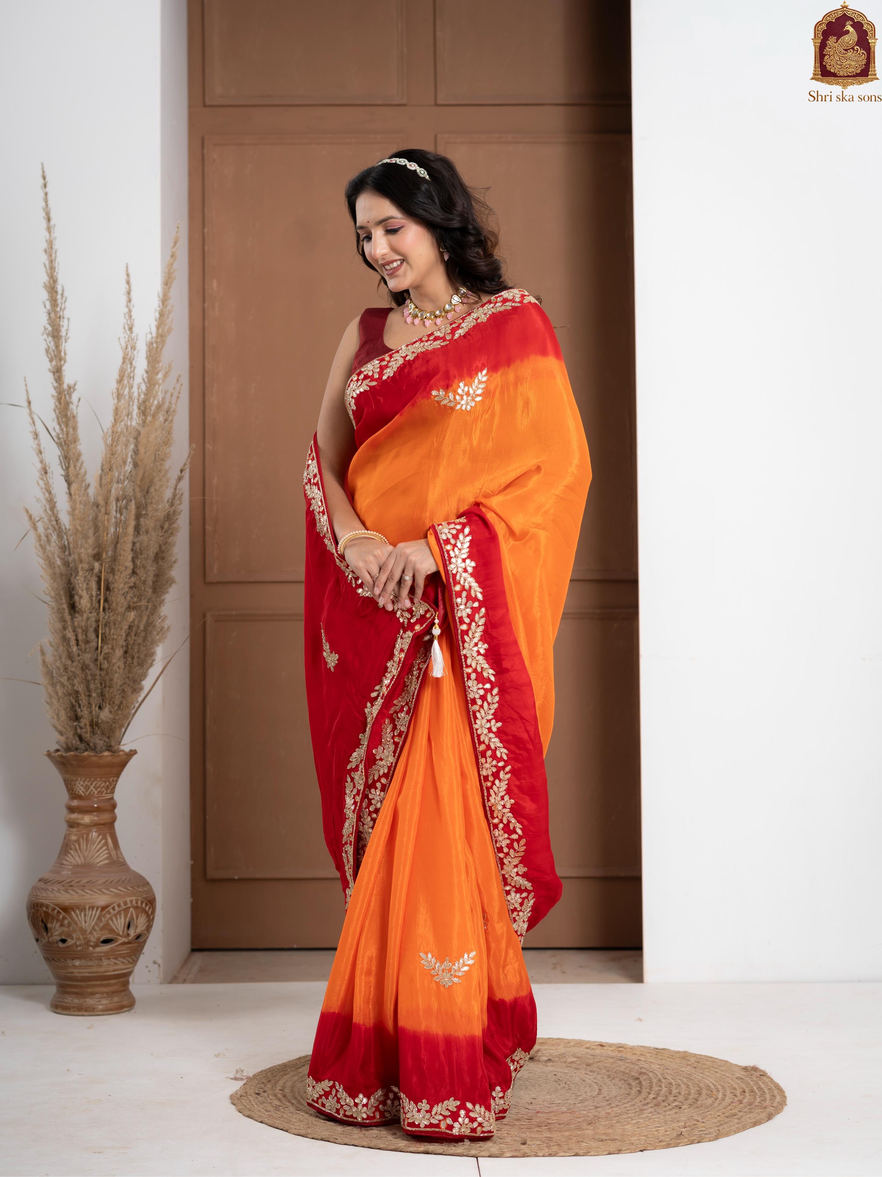 Traditional Rosso Corsa Occasional Sun Die Silk Saree with Zardozi Work