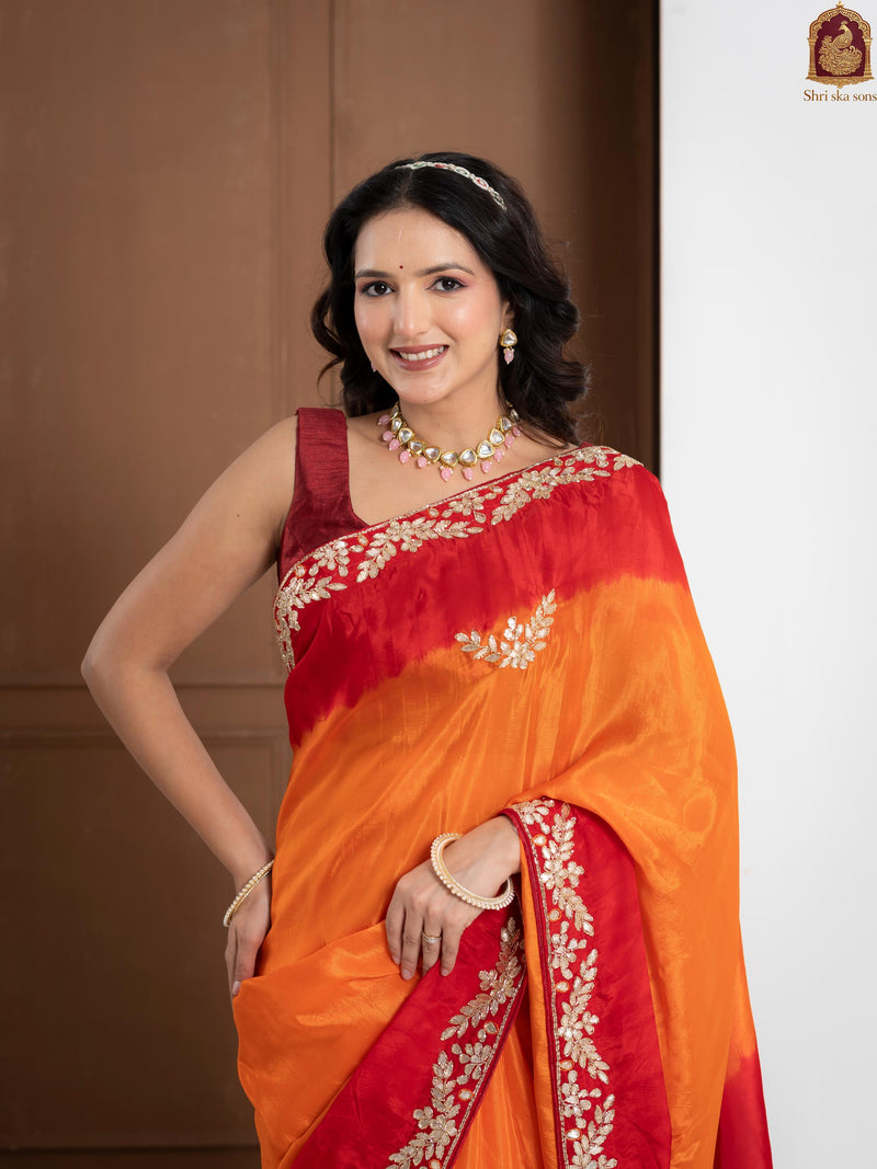Traditional Rosso Corsa Occasional Sun Die Silk Saree with Zardozi Work