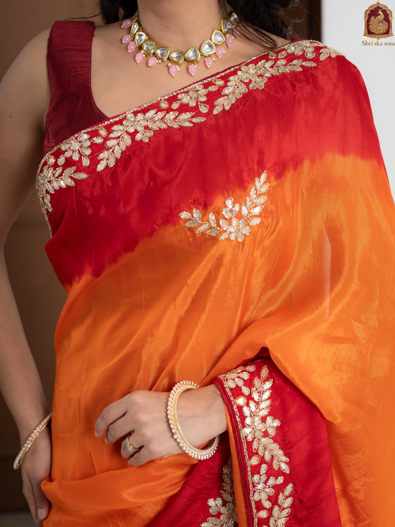 Traditional Rosso Corsa Occasional Sun Die Silk Saree with Zardozi Work