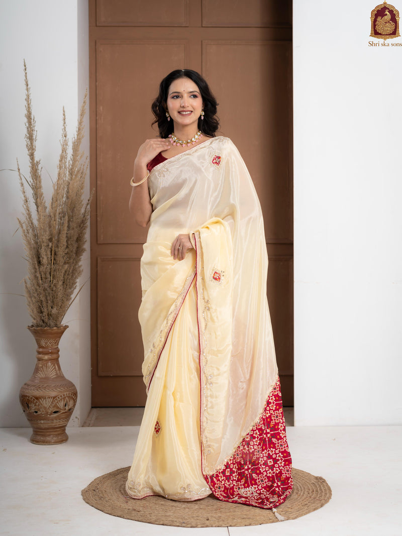 Red Tuscan Beige Bandhani Patola Silk Saree with Zardozi Work