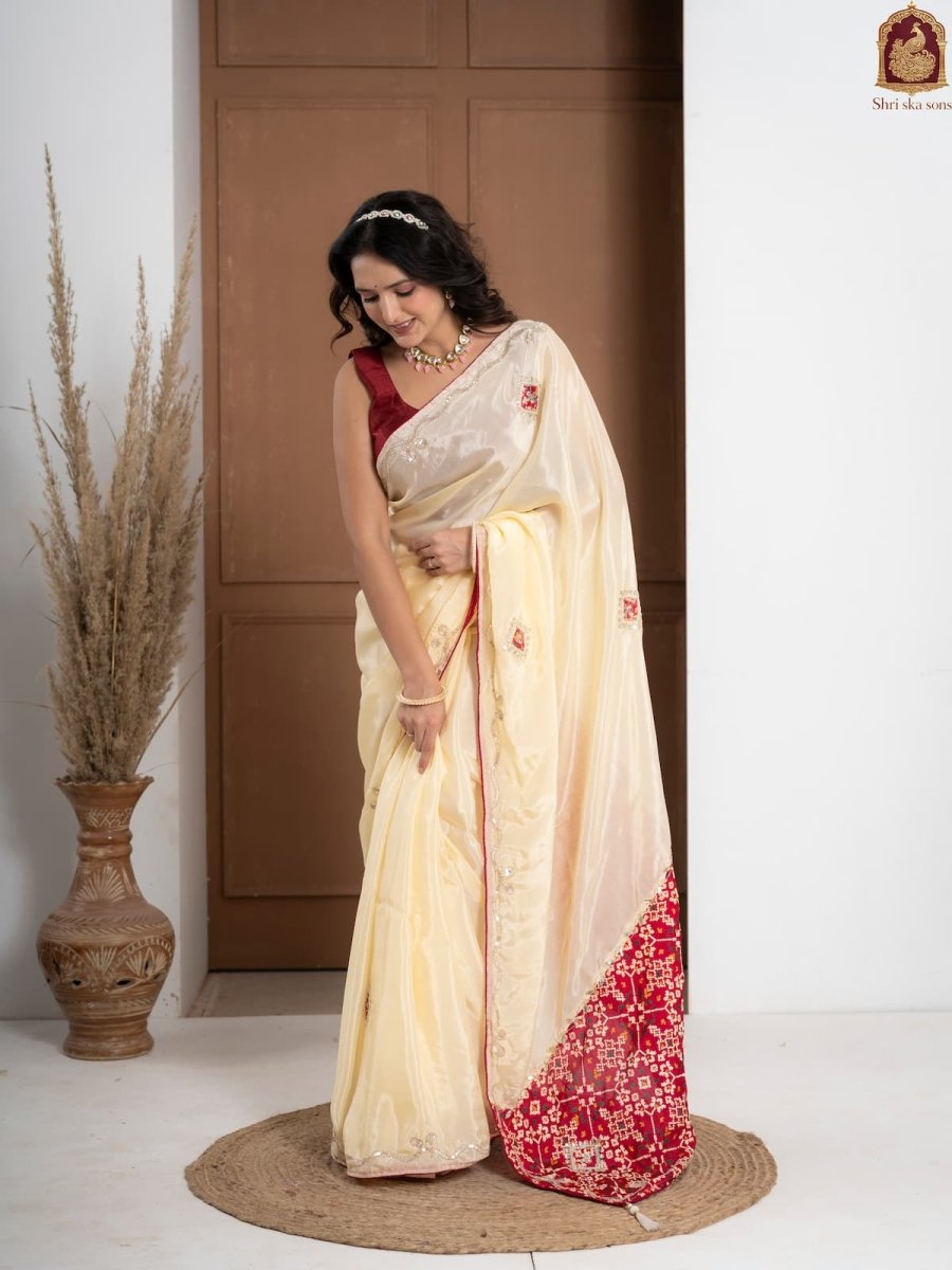 Red Tuscan Beige Bandhani Patola Silk Saree with Zardozi Work - Shri SKA Sons