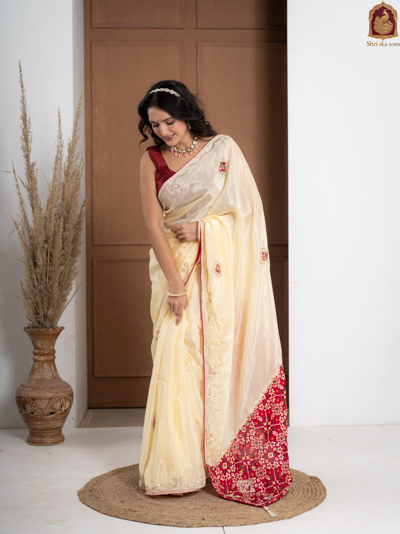 Red Tuscan Beige Bandhani Patola Silk Saree with Zardozi Work