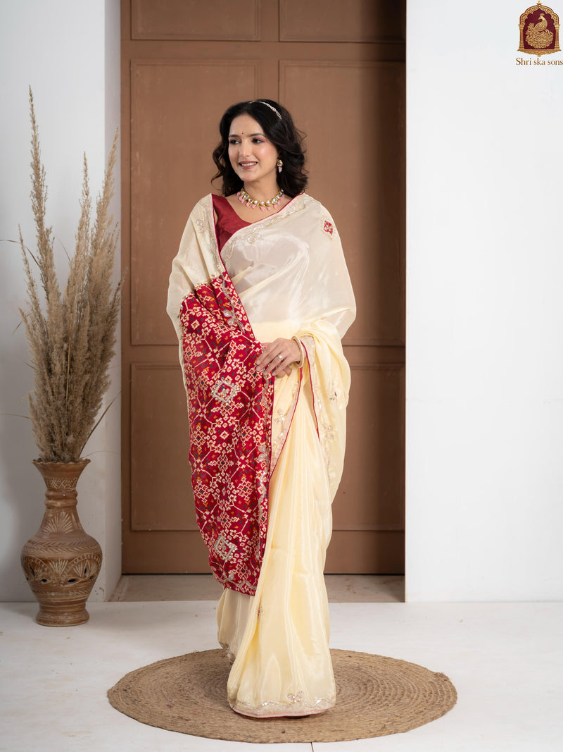 Red Tuscan Beige Bandhani Patola Silk Saree with Zardozi Work
