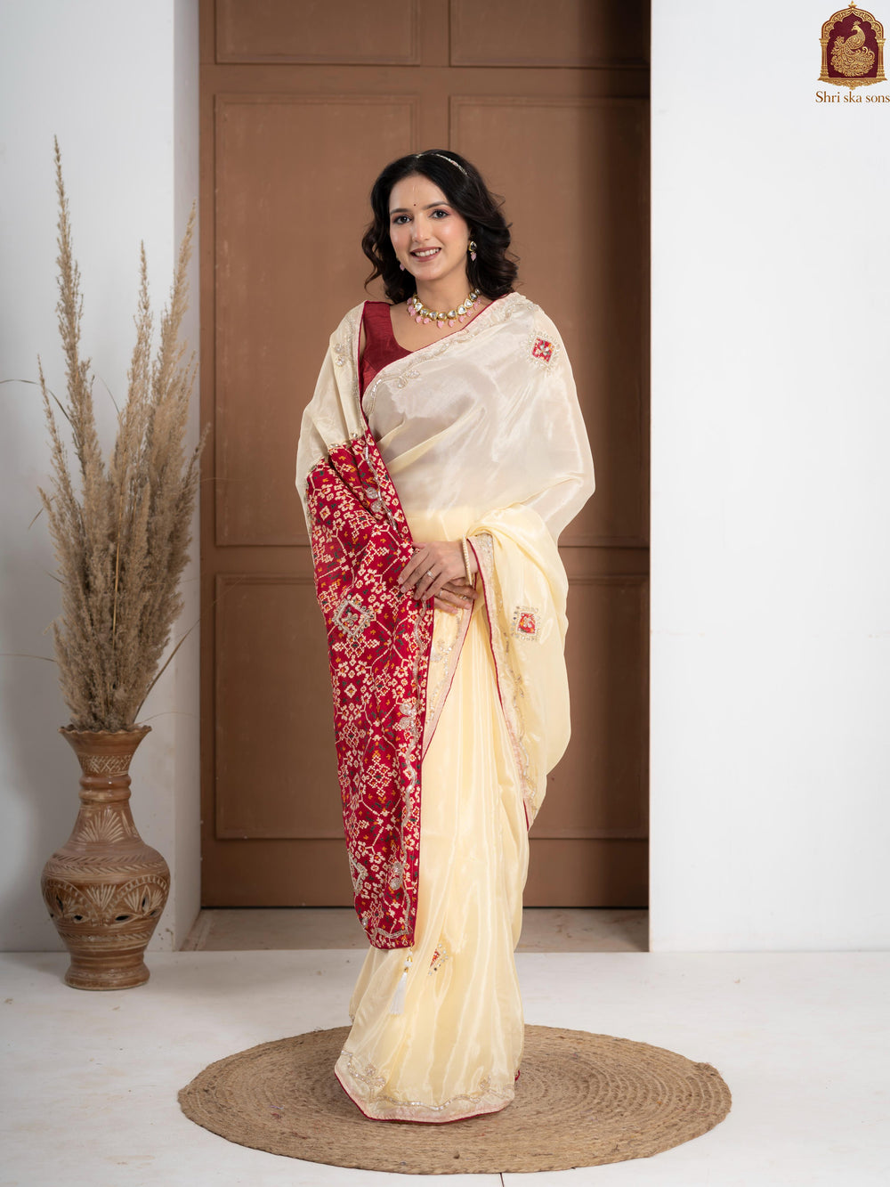 Red Tuscan Beige Bandhani Patola Silk Saree with Zardozi Work