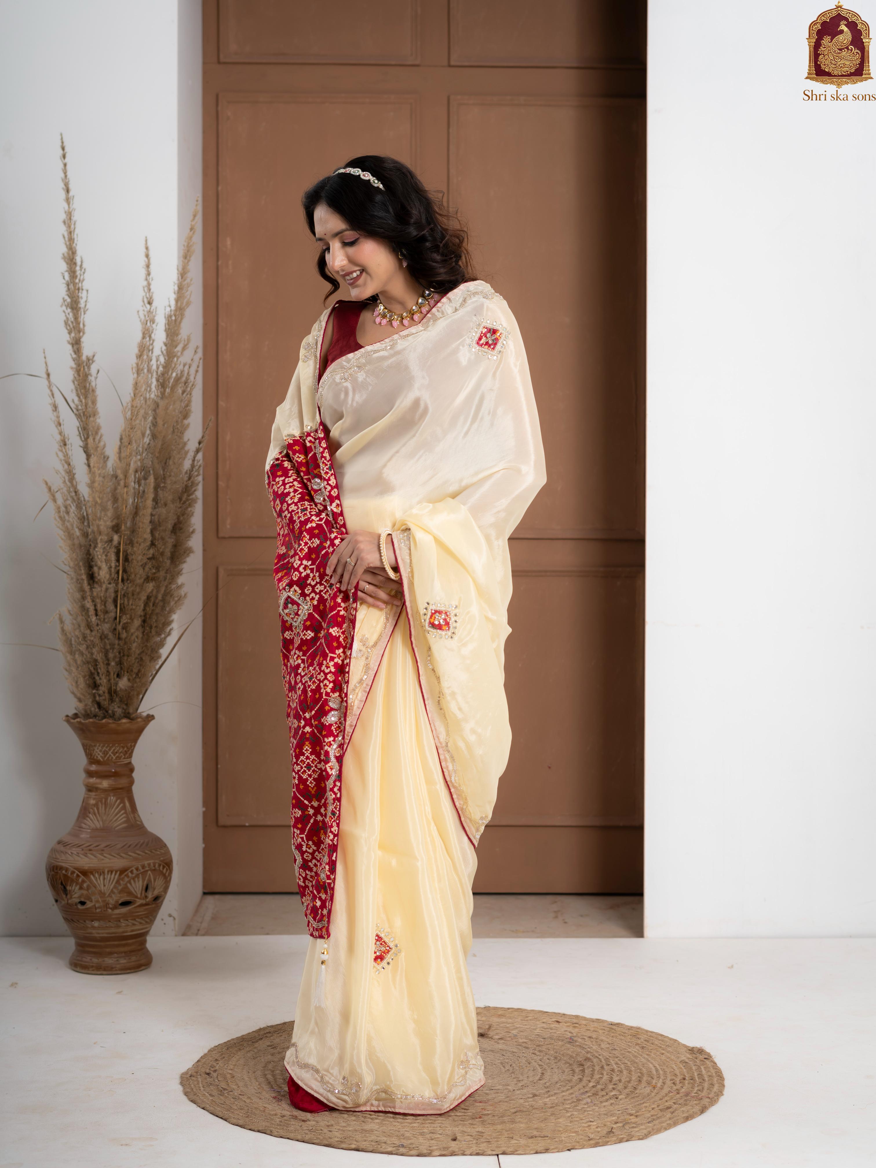 Red Tuscan Beige Bandhani Patola Silk Saree with Zardozi Work