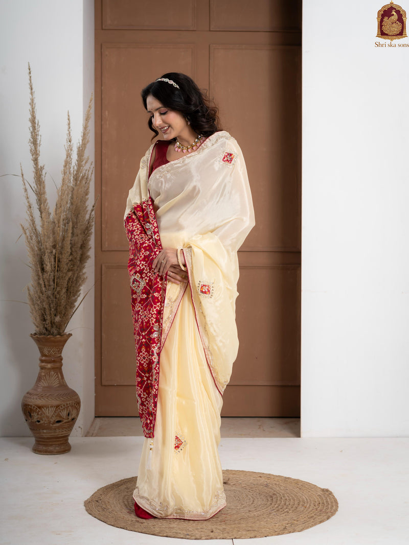 Red Tuscan Beige Bandhani Patola Silk Saree with Zardozi Work