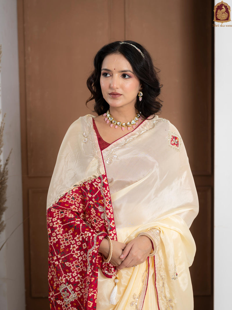 Red Tuscan Beige Bandhani Patola Silk Saree with Zardozi Work
