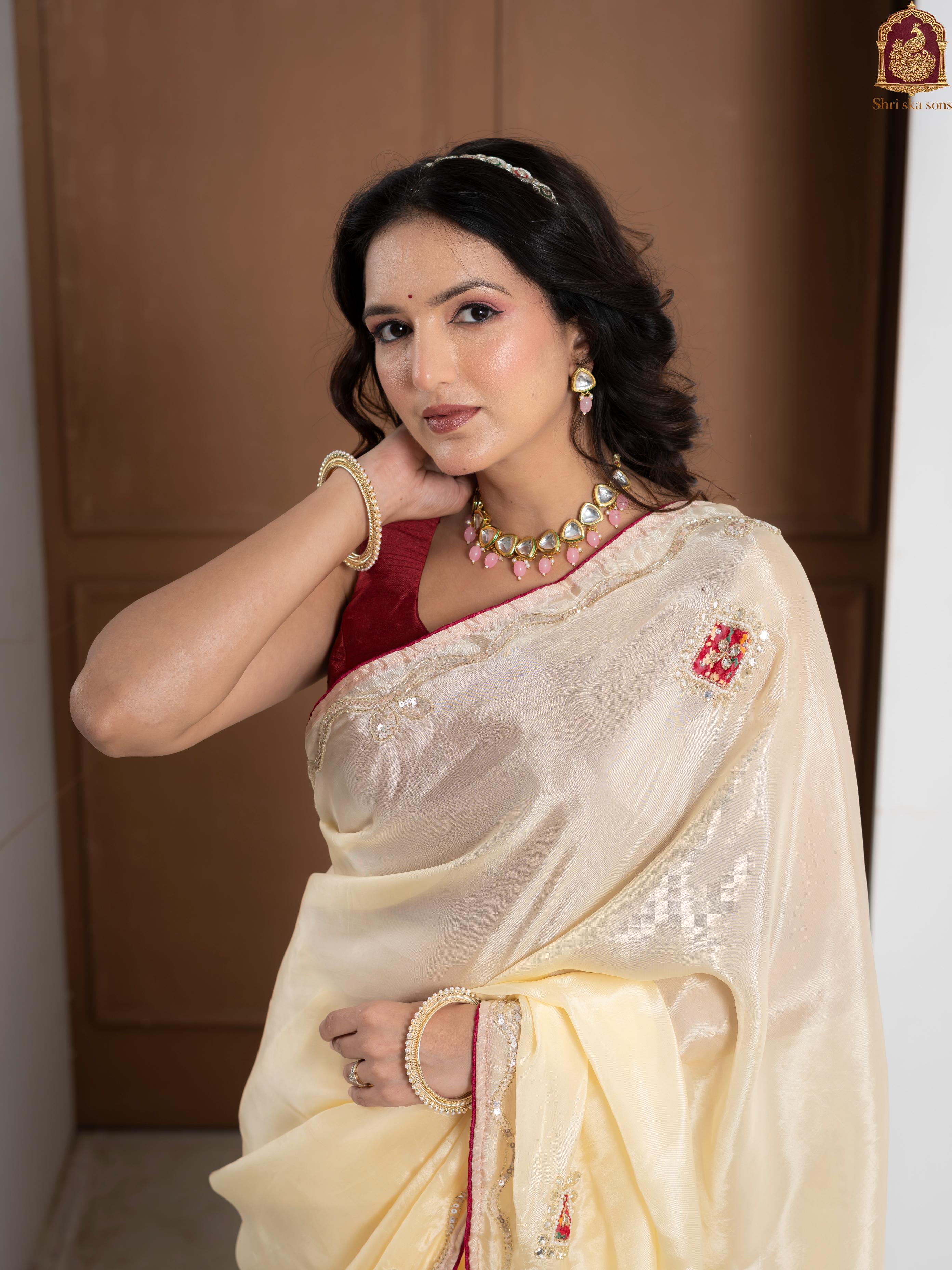 Red Tuscan Beige Bandhani Patola Silk Saree with Zardozi Work