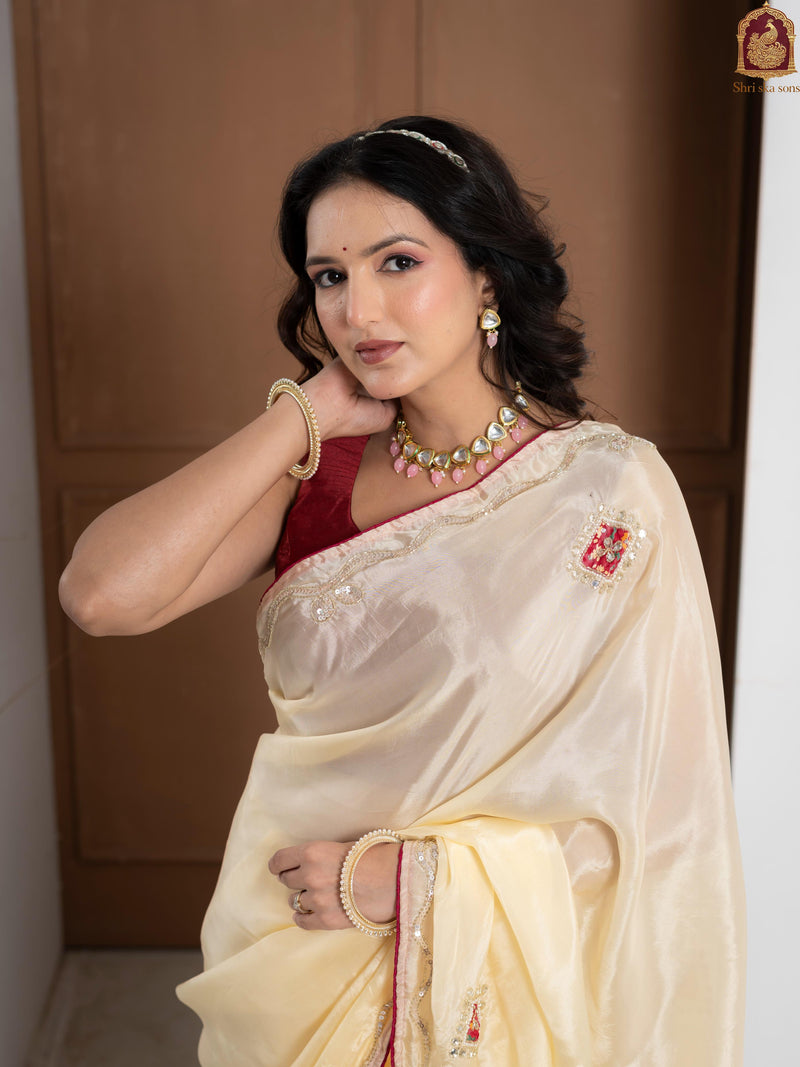Red Tuscan Beige Bandhani Patola Silk Saree with Zardozi Work