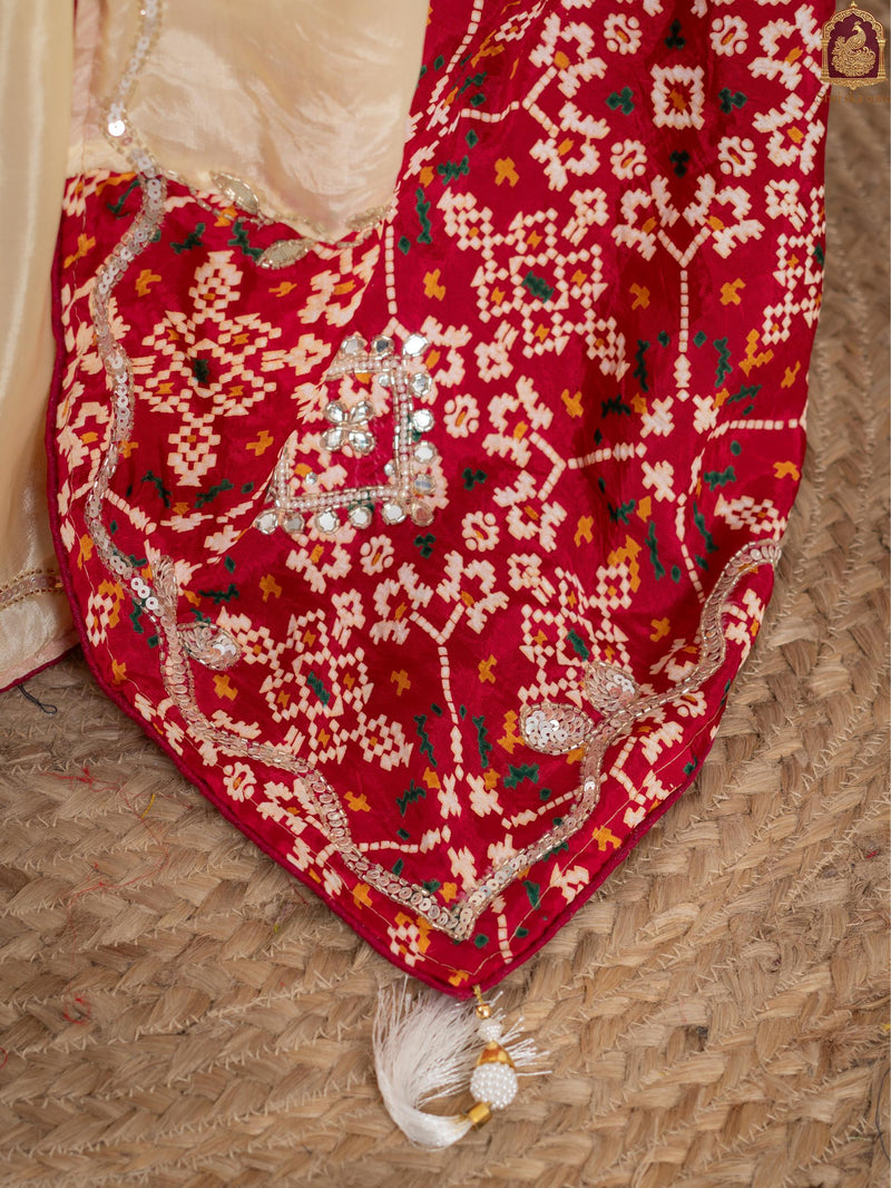 Red Tuscan Beige Bandhani Patola Silk Saree with Zardozi Work