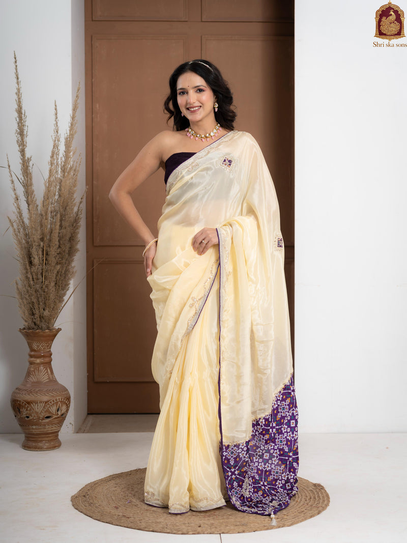Purple Tuscan Beige Bandhani Patola Silk Saree with Zardozi Work