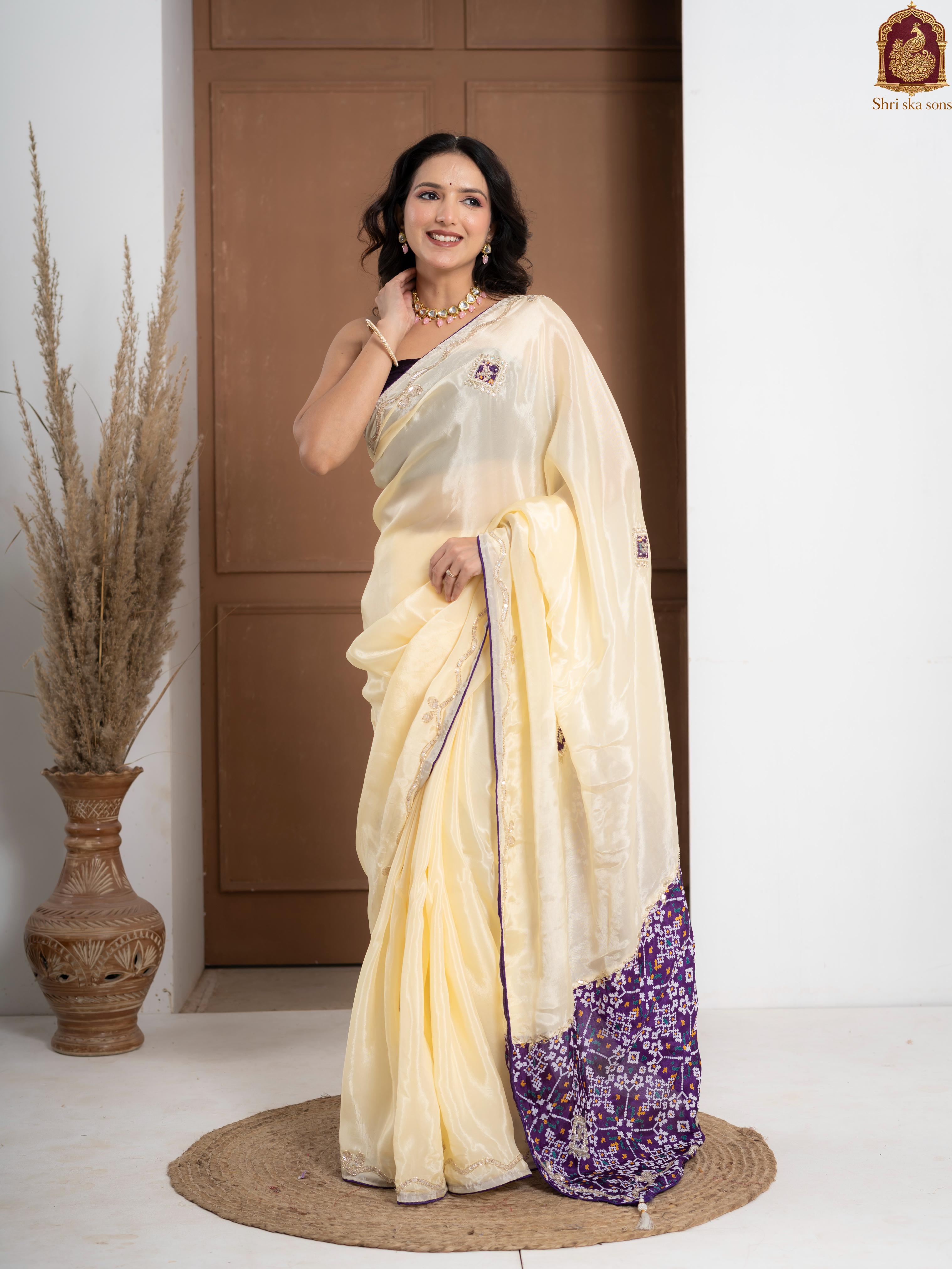 Purple Tuscan Beige Bandhani Patola Silk Saree with Zardozi Work