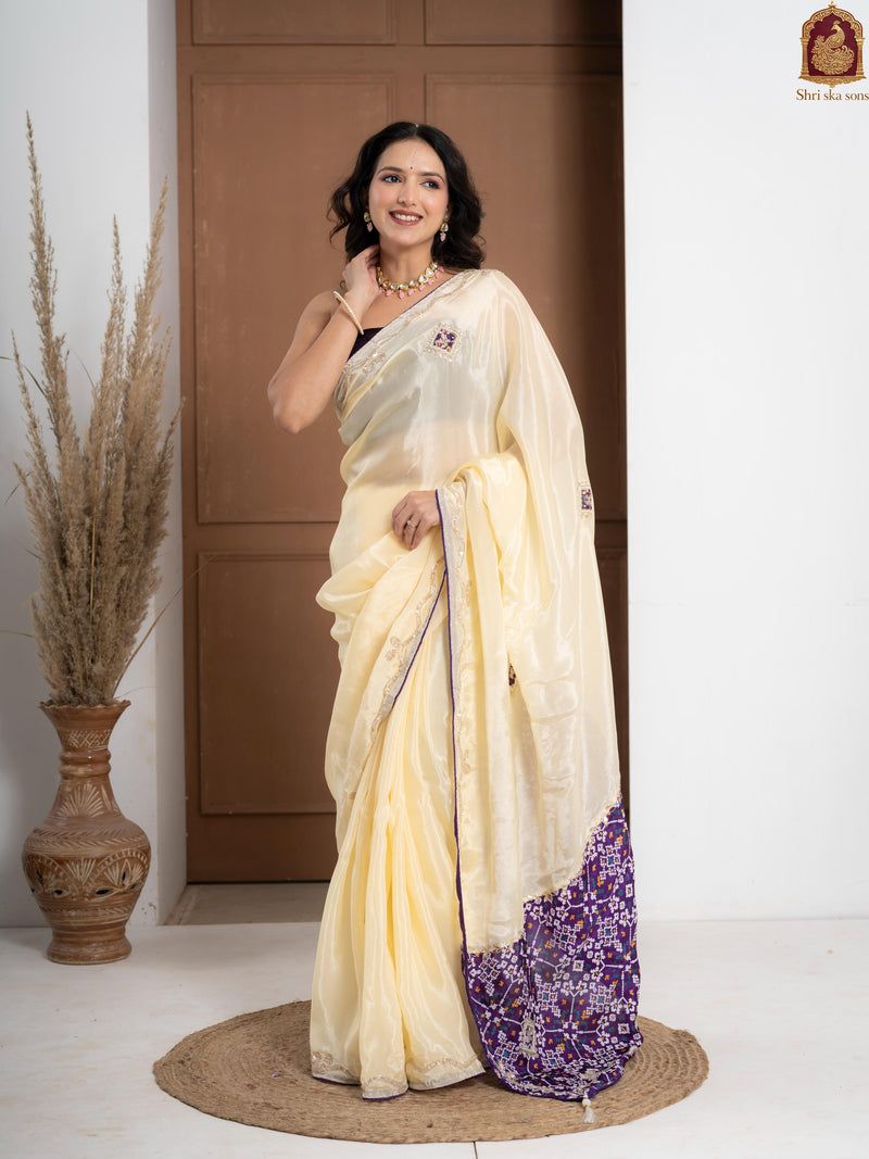 Purple Tuscan Beige Bandhani Patola Silk Saree with Zardozi Work
