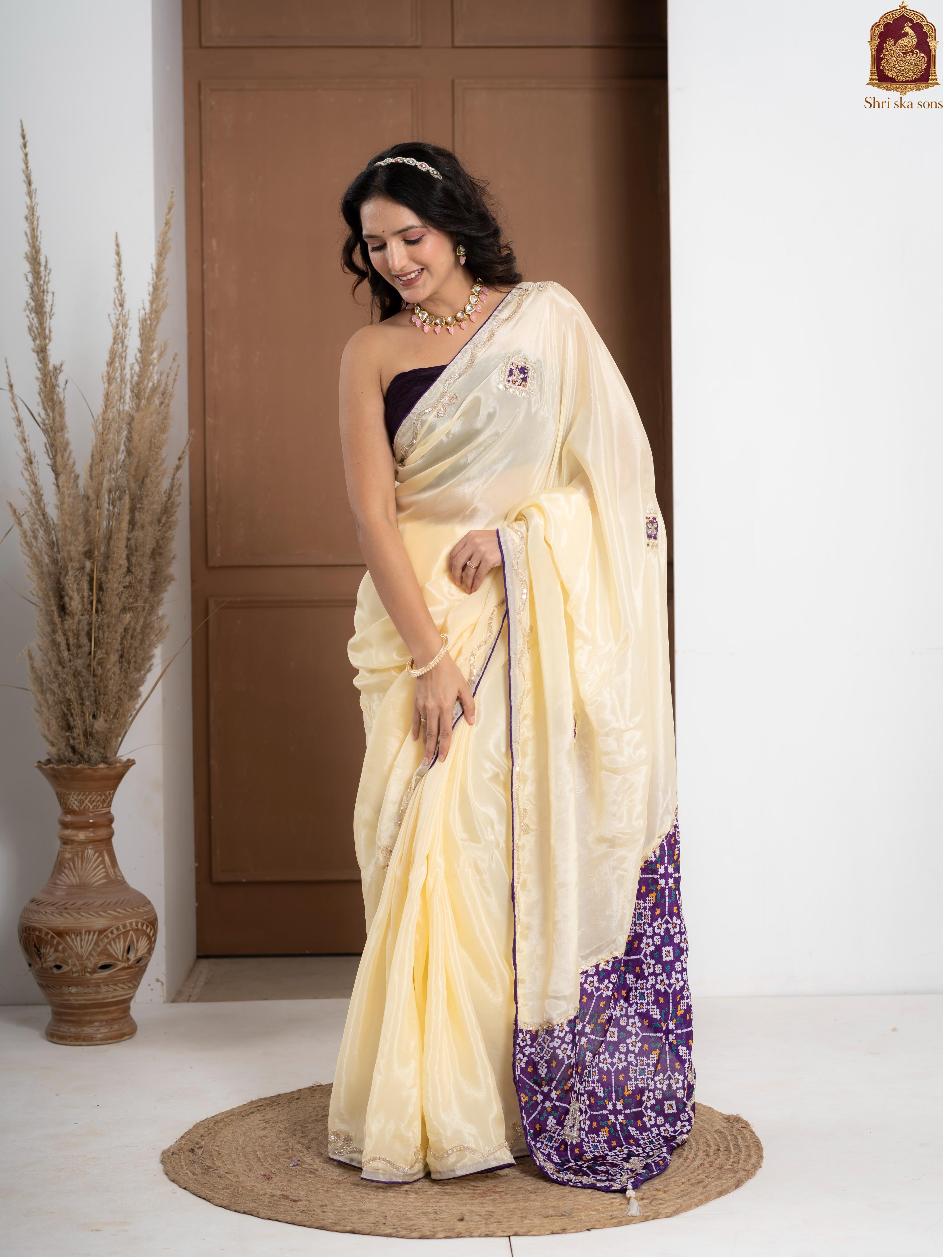 Purple Tuscan Beige Bandhani Patola Silk Saree with Zardozi Work