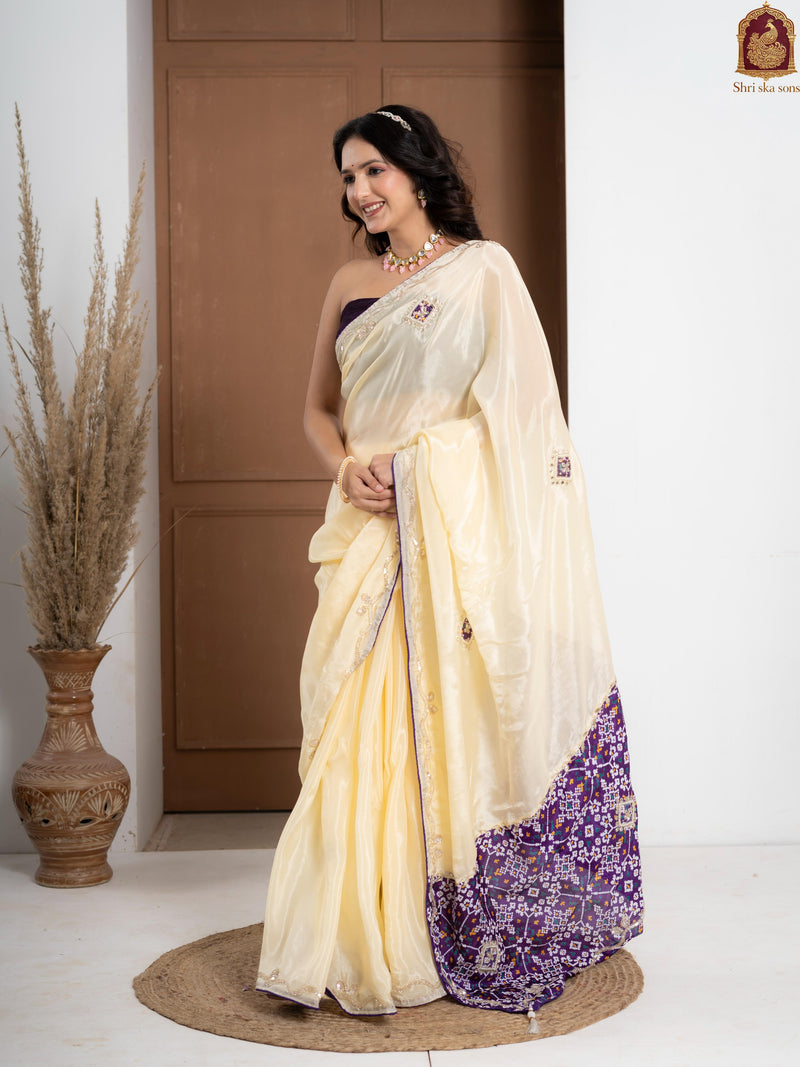 Purple Tuscan Beige Bandhani Patola Silk Saree with Zardozi Work