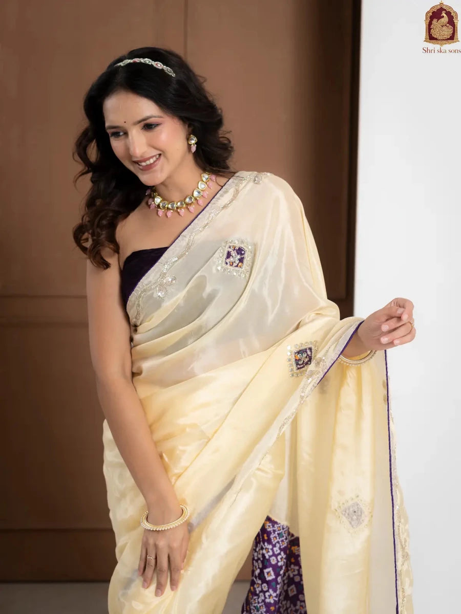 Purple Tuscan Beige Bandhani Patola Silk Saree with Zardozi Work - Shri SKA Sons