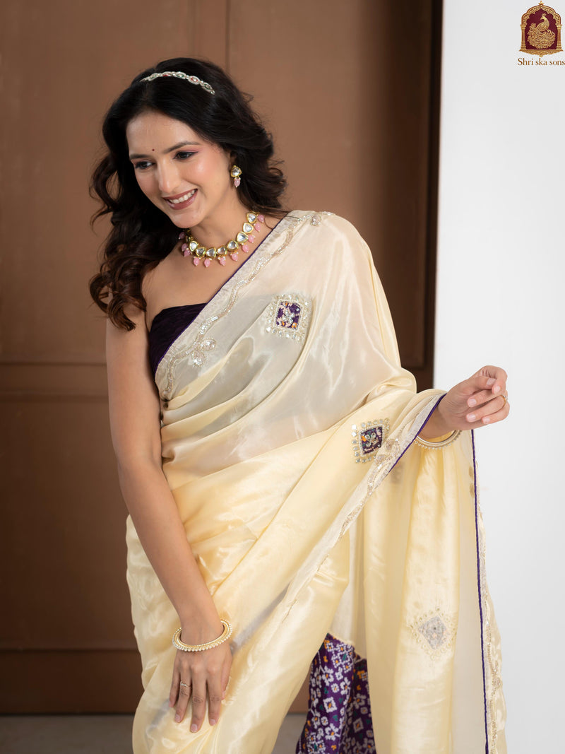 Purple Tuscan Beige Bandhani Patola Silk Saree with Zardozi Work
