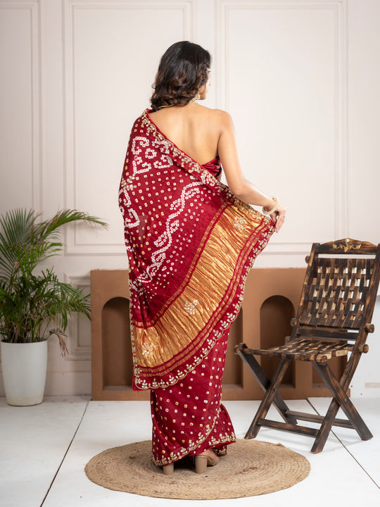 Ruby Red Bandhani Silk Saree with Hand Embellished Border