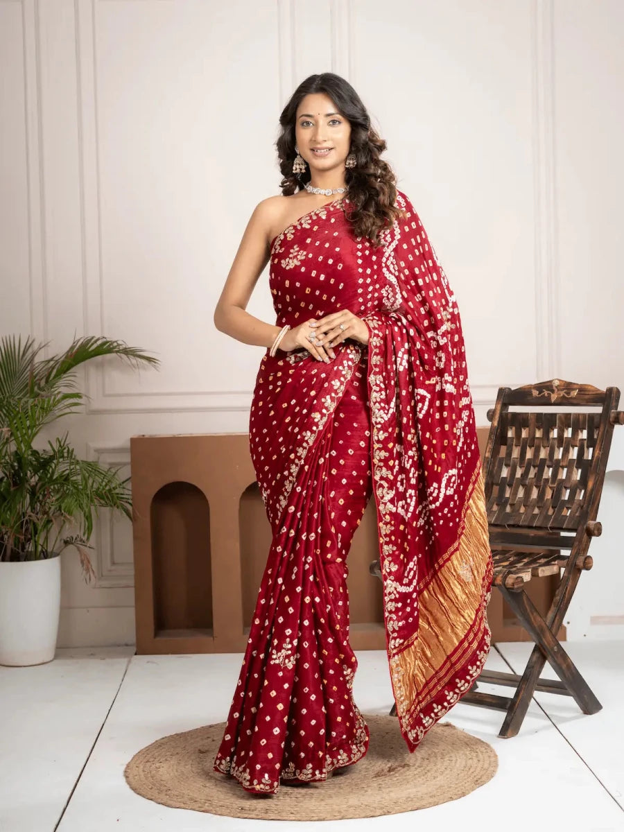 Ruby Red Bandhani Silk Saree with Hand Embellished Border - Shri SKA Sons